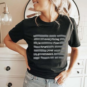 May include: Black t-shirt with the text "everything is fine trust your government" in a gray, blocky font. The shirt is short-sleeved and appears to be made of a soft material.