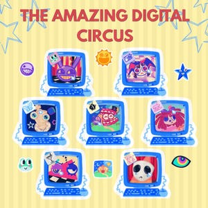 Puede incluir: Una colección de siete pegatinas de ordenadores azules con personajes de The Amazing Digital Circus, incluyendo un conejo morado, un bufón, una muñeca y una máscara. Cada monitor muestra un personaje y un icono único sobre un fondo de rayas amarillas.