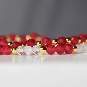 Ruby Beaded Bracelet: Handmade Gemstone Stretch Jewelry with Gold Accents
