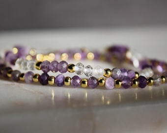 Amethyst Beaded Bracelet: Handmade Gemstone Stretch Jewelry with Gold Accents