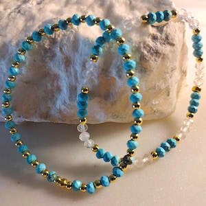 Genuine Turquoise Beaded Bracelet – Handmade Gold Accent Stretch Jewelry – Real Gemstone Gift for Her – 4mm Natural Blue Turquoise