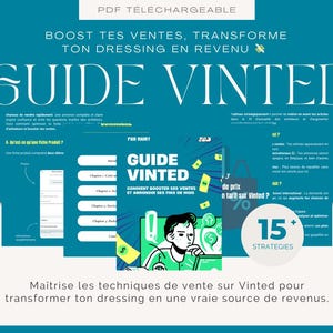 Peut inclure: Une affiche turquoise avec le titre "GUIDE VINTED" en grandes lettres blanches. L'image promeut l'augmentation des ventes et la transformation d'une garde-robe en revenu. Elle comprend du texte et des illustrations.