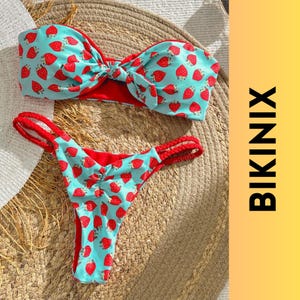 Strawberry Print Bandeau Bikini Set In Aqua Blue With Side Rope Bottoms, Cute Knot Swimwear For Beach Vacations, Summer Pool Outfit