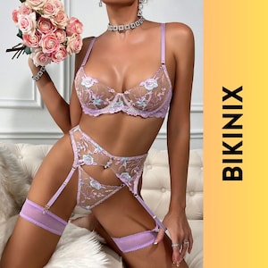 Romantic Embroidered Lingerie Set – Purple Sheer Mesh Bra & Panty with Garter Belt, Elegant Floral Intimates for Date Night Gift Giving