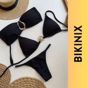Black Ribbed 3-Piece Bikini Set – European-Inspired Sexy Swimwear With Gold Ring Accents, Minimalist Beachwear For Women, Summer Vacatio