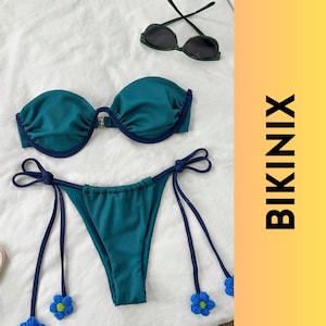 Knitted Underwired Bikini Set With Blue Flower Ties, Teal And Navy Ribbed Swimsuit, Adjustable Beachwear For Summer Vacation Look