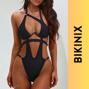 Sexy Black Cut Out One Piece Swimsuit for Women, European Style Monokini with Straps, Bold Summer Beachwear for Vacation