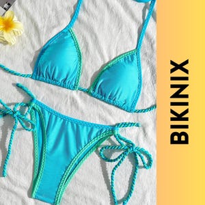 Turquoise Tie Bikini Set – Two-Tone Halter Triangle Top and Side Lace-Up Bottom, Sexy Swimwear for Women, Beach Vacation Poolside Look