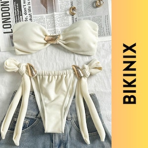 Cream Bandeau Bikini: Metallic Accent Tie-Side Swimsuit