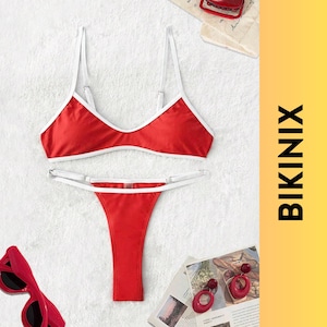 Rot-weißer Bikini-Satz mit verstellbaren Trägern - Minimalistische Sommerbadebekleidung für Frauen, sexy einfarbiger Strand-Party-Badeanzug