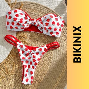Strawberry Print Bandeau Bikini Set with Braided Sides – Cute Red White Summer Swimsuit, Sweet Vacation Swimwear Gift for Her