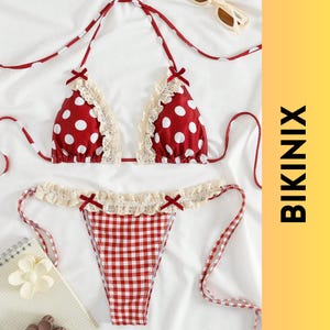 Red Polka Dot Gingham Bikini: Lace Ruffle, Halter Tie Swimwear