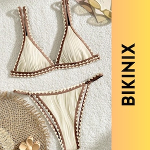 Cream and Brown Textured Bikini Set – Boho Zigzag Edge Triangle Swimsuit for Women, Neutral Ribbed Bralette Beachwear, Chic Resort Swim Look