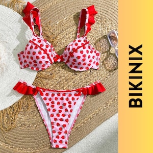 Strawberry Print Ruffle Bikini Set for Women, Flirty Pink Two-Piece Swimsuit with Sweet Summer Vibes, Cute and Sexy Beachwear Look