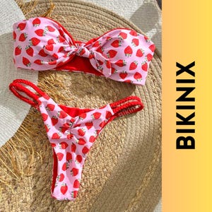 Strawberry Print Bandeau Bikini Set With Side Rope Waist, Cute Twist Knot Swimwear For Women, Sweet Summer Beach Holiday Swimsuit