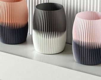 3D-geprinte moderne vaas – tweekleurige geometrische geplooide vaas – minimalistisch interieur – bloempot in Scandinavische stijl – tafelstuk.