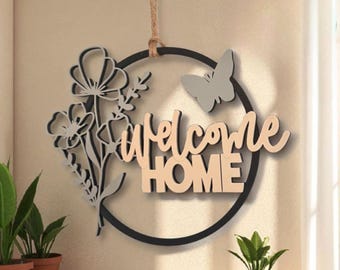 Welcome Home-muurdecoratie – 3D-bord met bloemen en vlinder – Modern entreehaldecor – Housewarmingcadeau – Home-bord voor woonkamer.