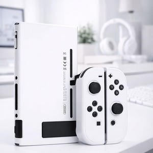 Könnte beinhalten: Ein weißes Spielekonsolen- und Controller-Set. Die Konsole ist rechteckig mit einem schwarzen Ständer und Anschlüssen. Der Controller ist in zwei Teile geteilt, jeder mit schwarzen Tasten und Joysticks. Das Set steht auf einer weißen Oberfläche.