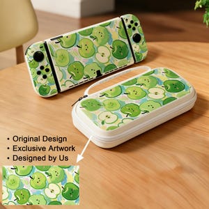 May include: A white Nintendo Switch console and carrying case, both featuring a green apple pattern. The console is on a wooden surface next to the case. The case has a zipper and a handle. The text in the image says: Original Design, Exclusive Artwork, Designed by Us.