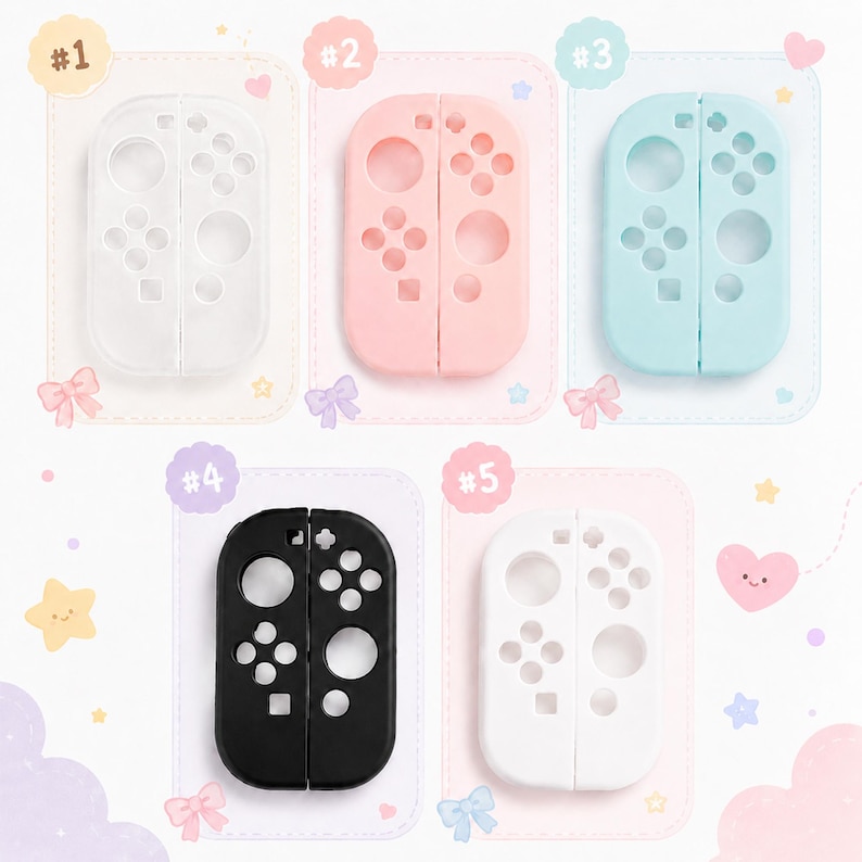 May include: Five different colored Nintendo Switch Joy-Con controllers are displayed. The colors include clear, pink, light blue, black, and white. Each controller is shown on a pastel-colored background with decorative elements.