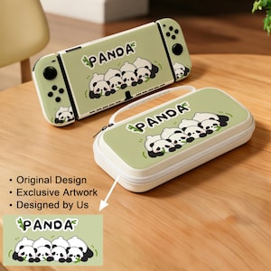 May include: A light green Nintendo Switch case and carrying case featuring a panda design. The cases have a white zipper and handle, with the word "PANDA" and panda illustrations. The design includes the text "Original Design", "Exclusive Artwork", and "Designed by Us".