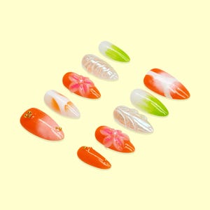 Orange Green Gradient Press On Nails with 3D Flower & Glitter , Summer Tropical Fake Nails , Handmade Nail Art for Beach Vacay Vibes