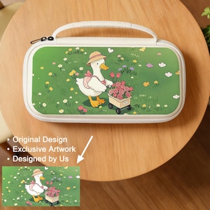 May include: A white and green case with a handle and zipper closure. The case features a cartoon illustration of a duck wearing a hat and apron, pulling a cart of roses. The background is a green field with flowers and clouds.