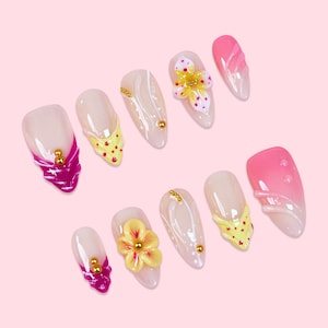 3D Flower Press On Nails, Handmade Pink and Yellow Spring Nails Glossy Long False Nail, Set Cute Floral Nail Art for Women, Nails Art