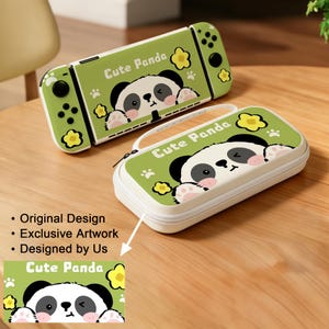 May include: A green and white Nintendo Switch case and console skin featuring a cute panda design. The case has a zipper closure and a handle. The console skin and case both have the text "Cute Panda".