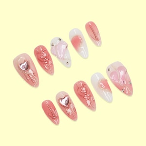 Valentine Press On Nails with 3D Hearts and Gold Chains, Pink and White Glossy Almond Nails for Romantic Gifts, Handmade Nail Set