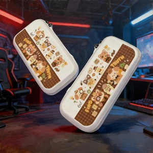 May include: Two white rectangular pencil cases with a brown stripe down the middle. The stripe has a repeating pattern of cartoon animals and the words "FIND" and "TRUTH". The cases are zippered.