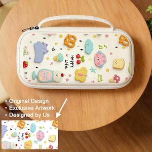 May include: A white zipped case with a handle, adorned with colourful 3D cartoon food and character designs. The case features a cat, ice cream, cherries, and the words "Happy Life". The design is an original artwork.
