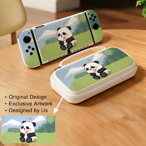 May include: A light blue and green Nintendo Switch console and carrying case featuring a panda bear design. The panda is holding flowers and is set against a backdrop of a green field, blue sky, and clouds. The carrying case has a white zipper.