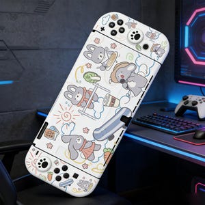 Puede incluir: Funda blanca para Nintendo Switch con un diseño lúdico de conejos de dibujos animados, monopatines y alimentos. La funda tiene un diseño de huella de pata y varios botones y controles.