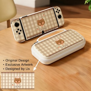 May include: A beige and brown checkered Nintendo Switch console and carrying case. Both items feature a cartoon bear graphic with the text "Cute Bean". The case has a zipper closure.