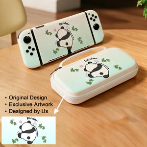 May include: A light green Nintendo Switch console and carrying case featuring a panda design. The panda is black and white, with green and pink accents. The carrying case has a zipper closure and a handle. The text "panda~" is above the panda.
