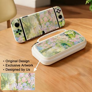 May include: A Nintendo Switch console and matching off-white carrying case. Both items feature a floral design in shades of pink, purple, and green. The console has black buttons and joysticks. The case has a zip closure and a handle.