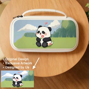 May include: A white carrying case with a cartoon panda illustration. The panda is black and white, holding a flower, with a green field and blue sky background. The case has a zipper closure and a white handle.