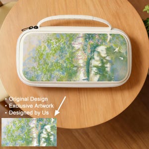 May include: A cream-colored carrying case with a handle and a zipper closure. The case features an artistic landscape design with green and blue hues, depicting trees and a body of water. The text on the image says "Original Design", "Exclusive Artwork", and "Designed by Us".