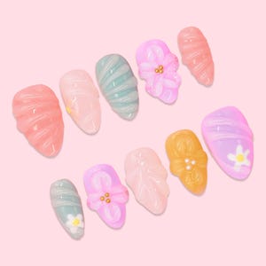 3D Pastel Flower Press On Nails, Cute Kawaii Textured Nail Art, Colorful Spring Summer Fake Nails, DIY Acrylic Manicure Set, Summer Nail