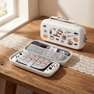 May include: White travel case with a handle and coffee-themed illustrations. The case is open, revealing a gaming device and accessories. The device has a white body with red and grey buttons. The case is on a wooden table.