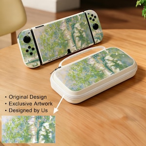 May include: A white Nintendo Switch console and carrying case featuring a nature-themed design with green and blue hues. The console and case have a matching artwork of a forest scene. The case has a white zipper and handle.