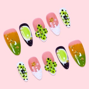 Handmade Blue 3D Floral Press On Nails, Almond Shaped False Nails, Glossy Reusable Nail Set with Carved Flowers, Elegant Nails Art