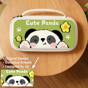 May include: A rectangular, white and green case with a cartoon panda design. The panda has black ears, eyes, and a winking expression. The case has a handle and the words "Cute Panda" are printed on the front.