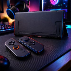 May include: Black gaming console with two detached controllers. The controllers and console have red and orange accents. The console is standing upright on a desk. The controllers have buttons and joysticks.