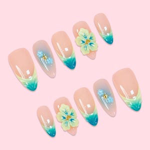Handmade Nail Set with 3D Flowers and Beaded Accents, Green Gradient Press On Nails, Glossy Summer Beach Style, Reusable False Nails