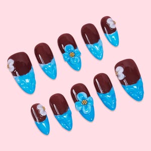 Handgemachte 3D Blumen Nail Art, Elegantes Statement Nagel Set, Wiederverwendbar, Handgefertigtes Nagelset | Blattakzente, 3D-Gel-Blumen-Nägel, trendiges Nagelset