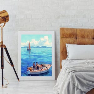 Romantischer Sommer Druck | Poster Boot Paar | Blaues Meer Wand Kunst | Yacht Illustration | Küsten Sommer-Wand-Dekor