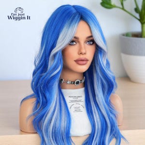 Hellblaue und weiße Highlight Lange Lockige Perücke - Vollkopf-Perücke mit Acht-Zeichen-Pony für Frauen
