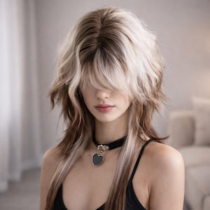 Puede incluir: Un collar de gargantilla negro con un cierre plateado y un colgante en forma de corazón. La persona de la imagen tiene el pelo a capas, hasta los hombros, con mechas rubias y marrones. La persona lleva una camiseta sin mangas negra.